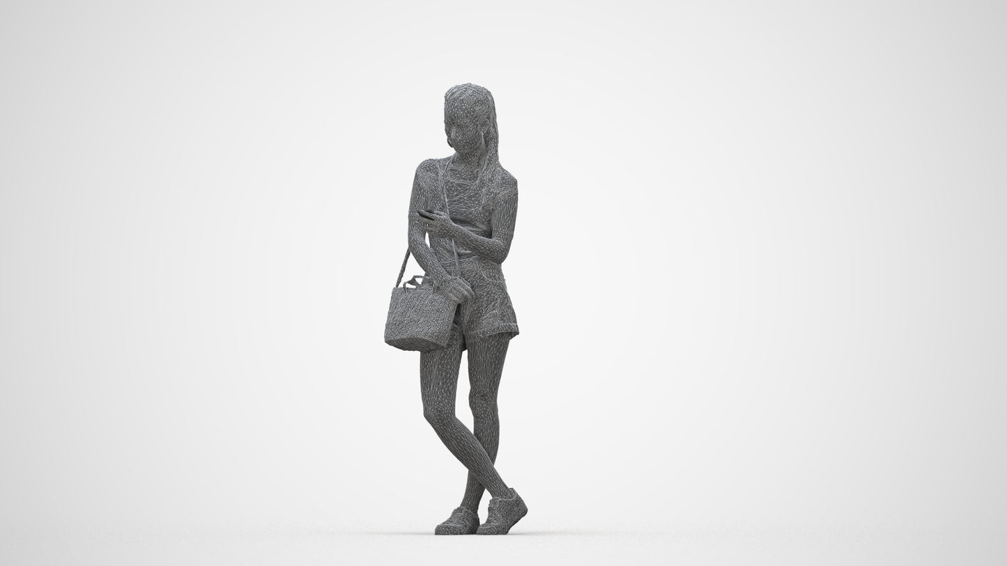 photogrammetry 3D woman casual standing, realistic human model archviz FBX, wireframe back view