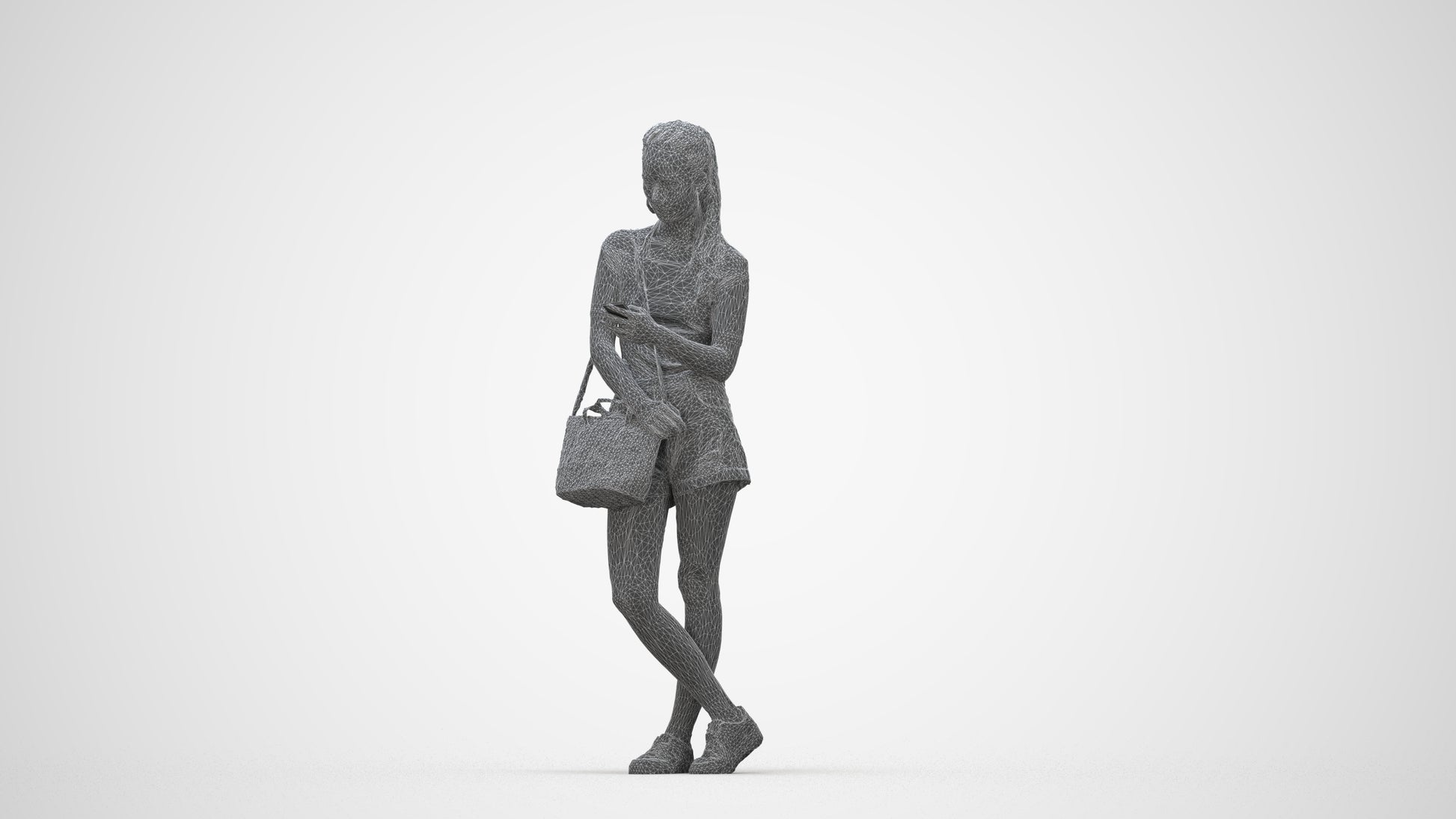 photogrammetry 3D woman casual standing, realistic human model archviz FBX, wireframe back view