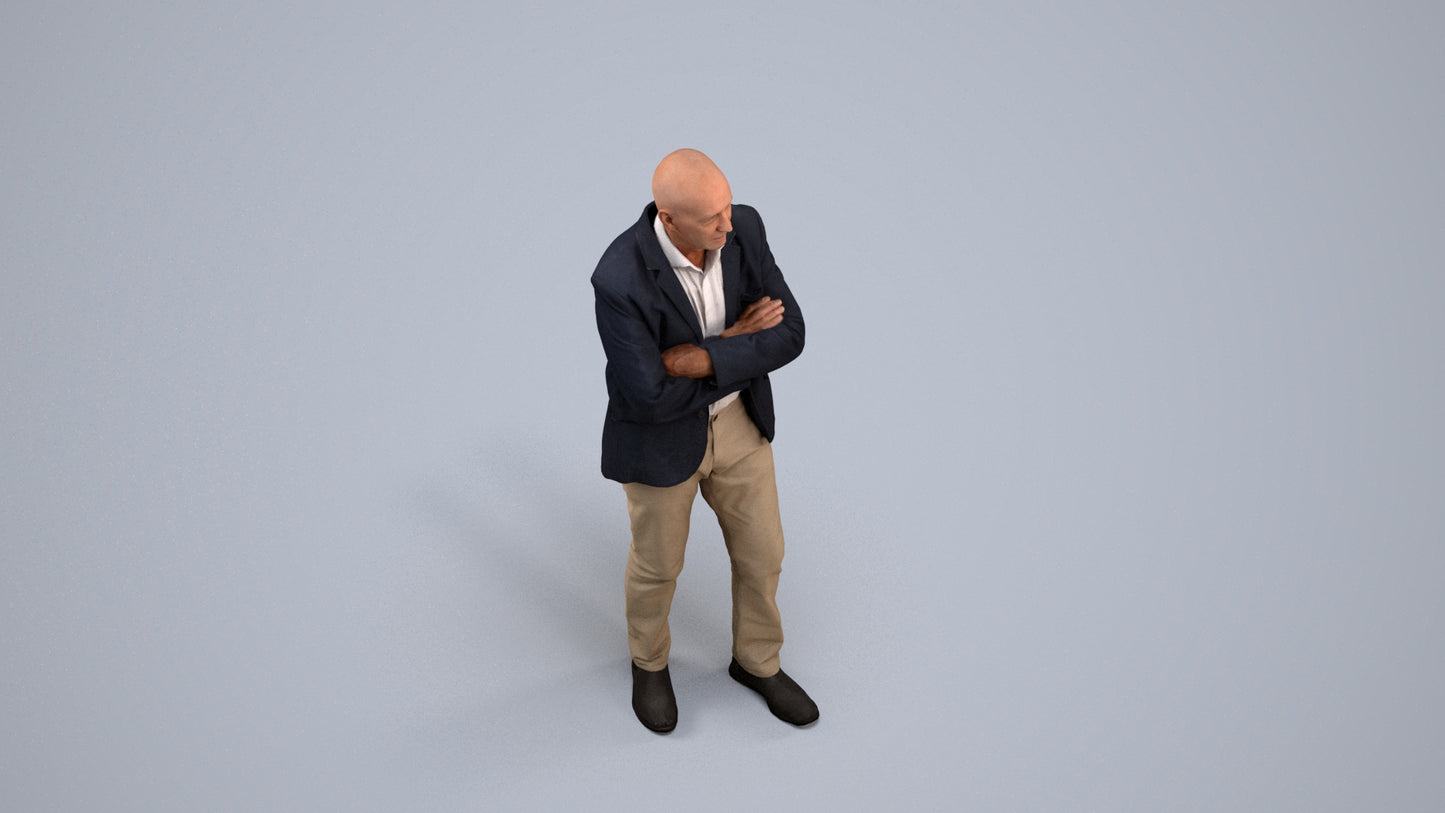 3D human model senior man business, photogrammetry scanned person for archviz, back view render