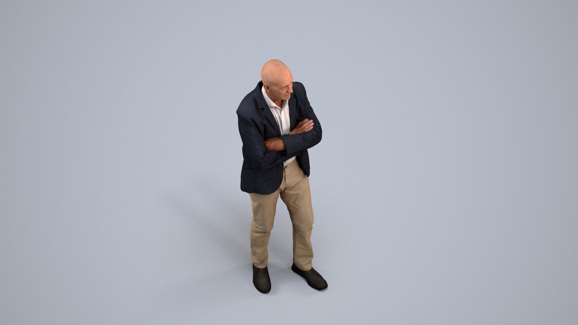 3D human model senior man business, photogrammetry scanned person for archviz, back view render