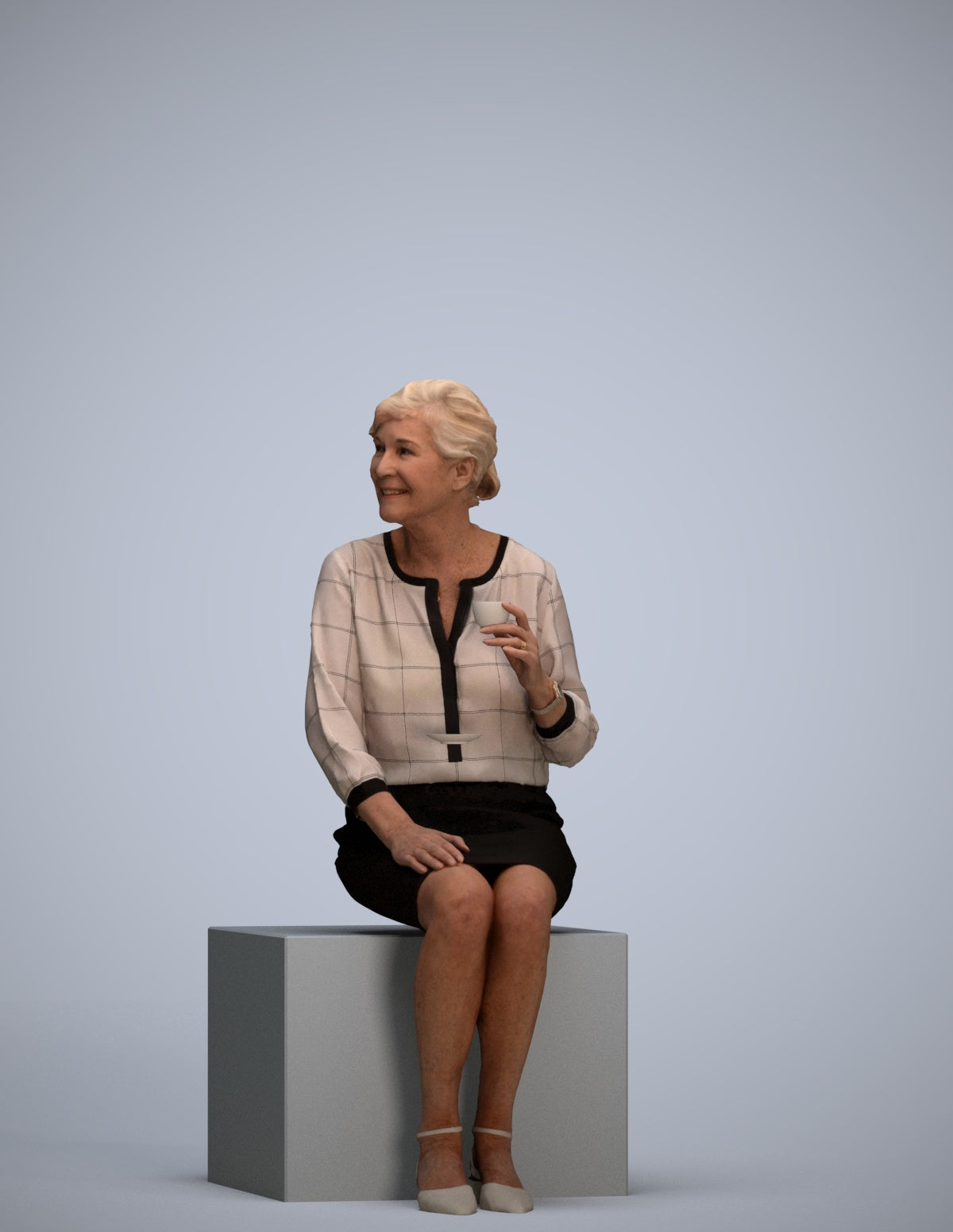 realistic 3D human senior woman casual sitting, archviz people FBX OBJ for Blender
