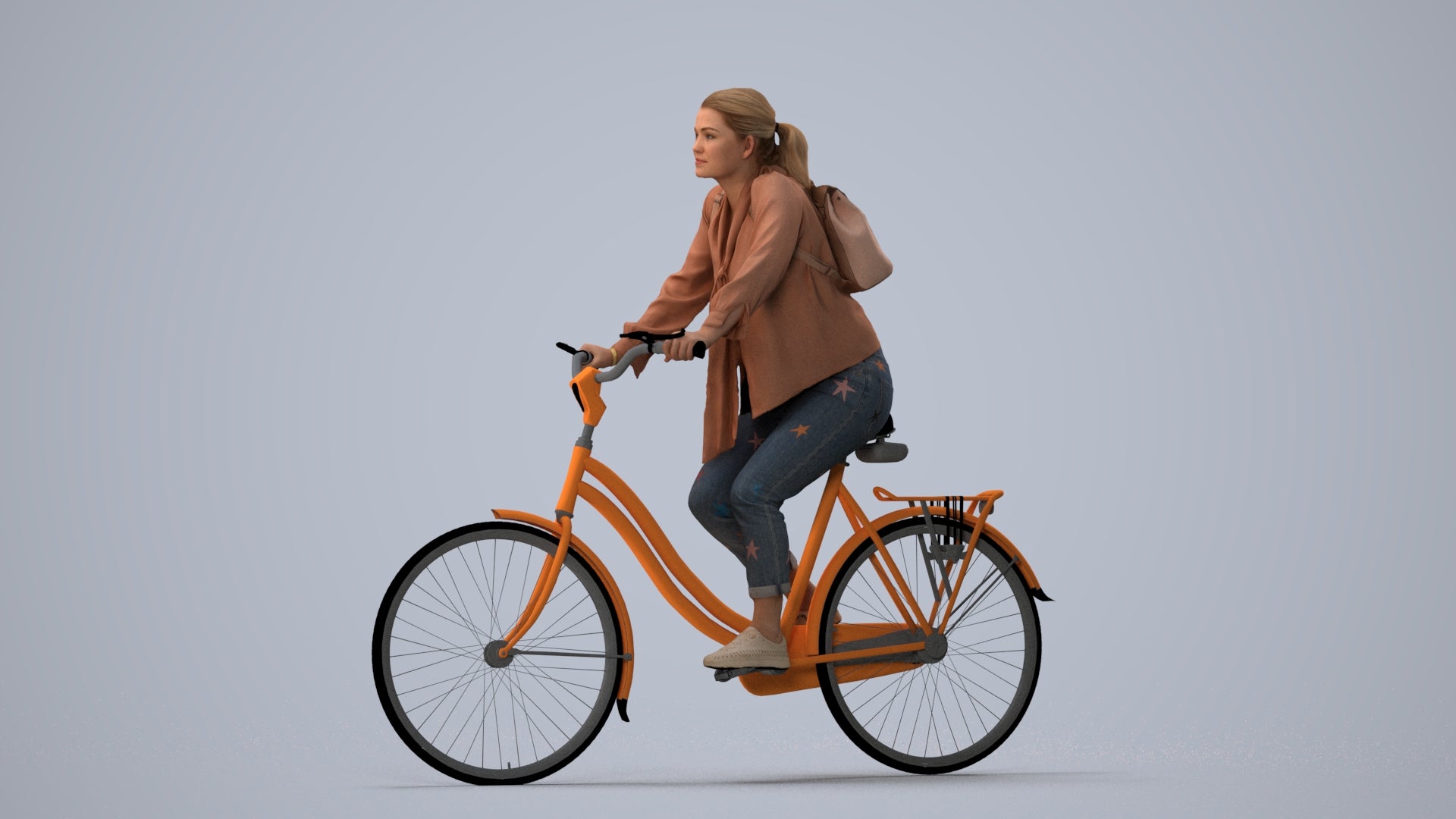 photogrammetry 3D woman casual cycling, realistic human model archviz FBX, three-quarter view render
