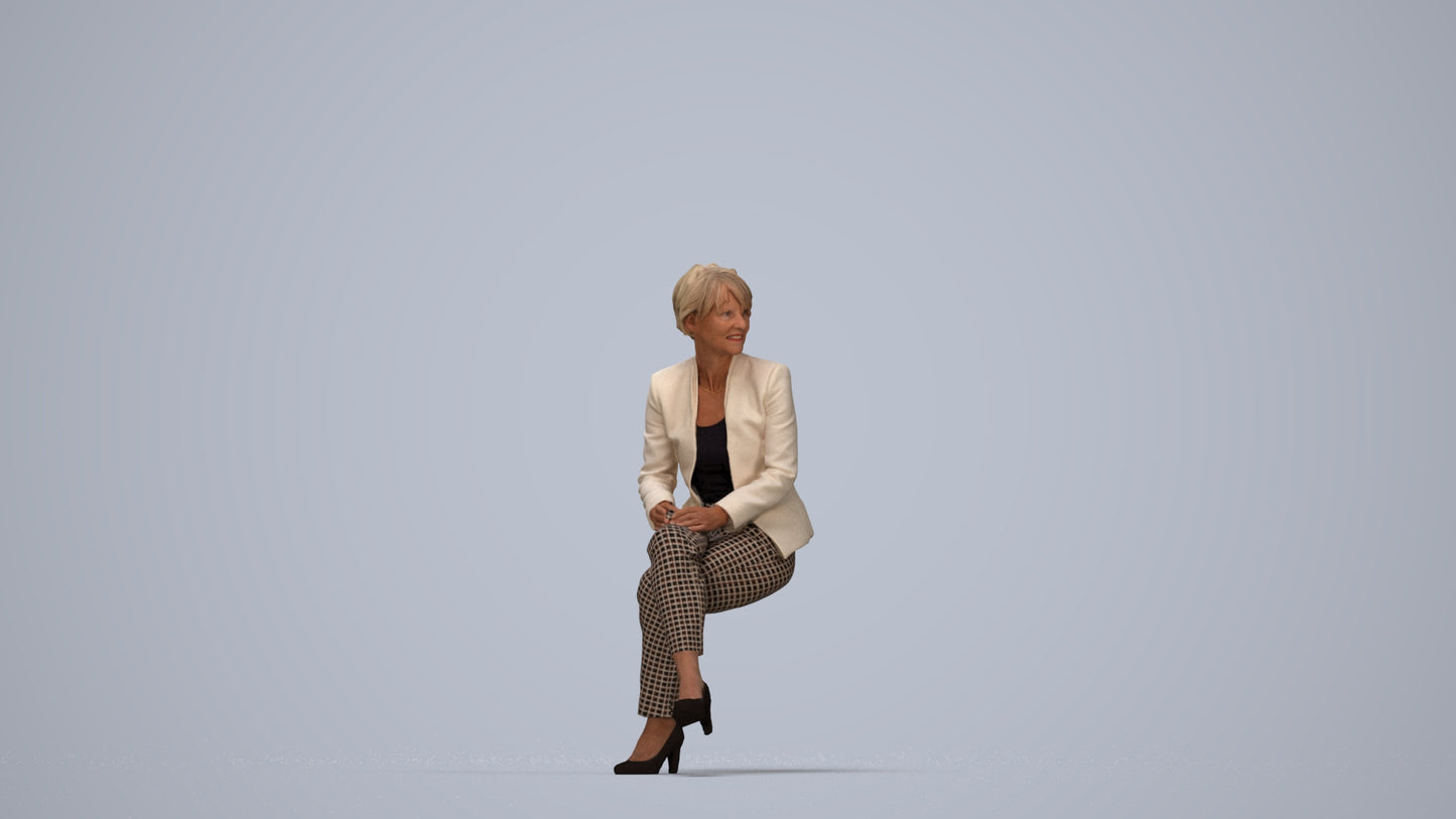 realistic 3D human senior woman business sitting, archviz people FBX OBJ for Blender, top-down view render