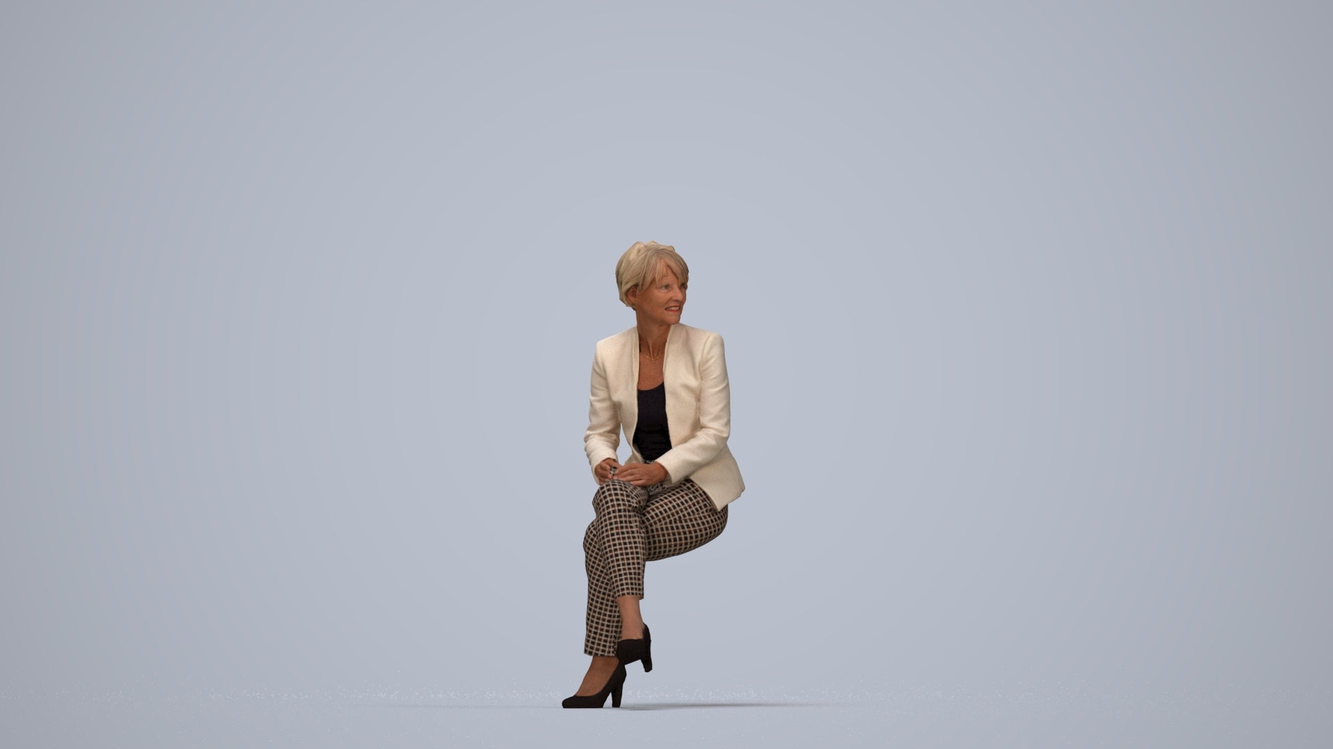realistic 3D human senior woman business sitting, archviz people FBX OBJ for Blender, top-down view render