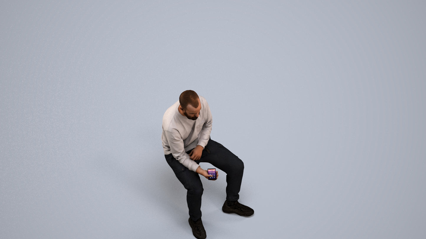 3D people model man casual sitting, scanned human for 3ds Max rendering, back view render