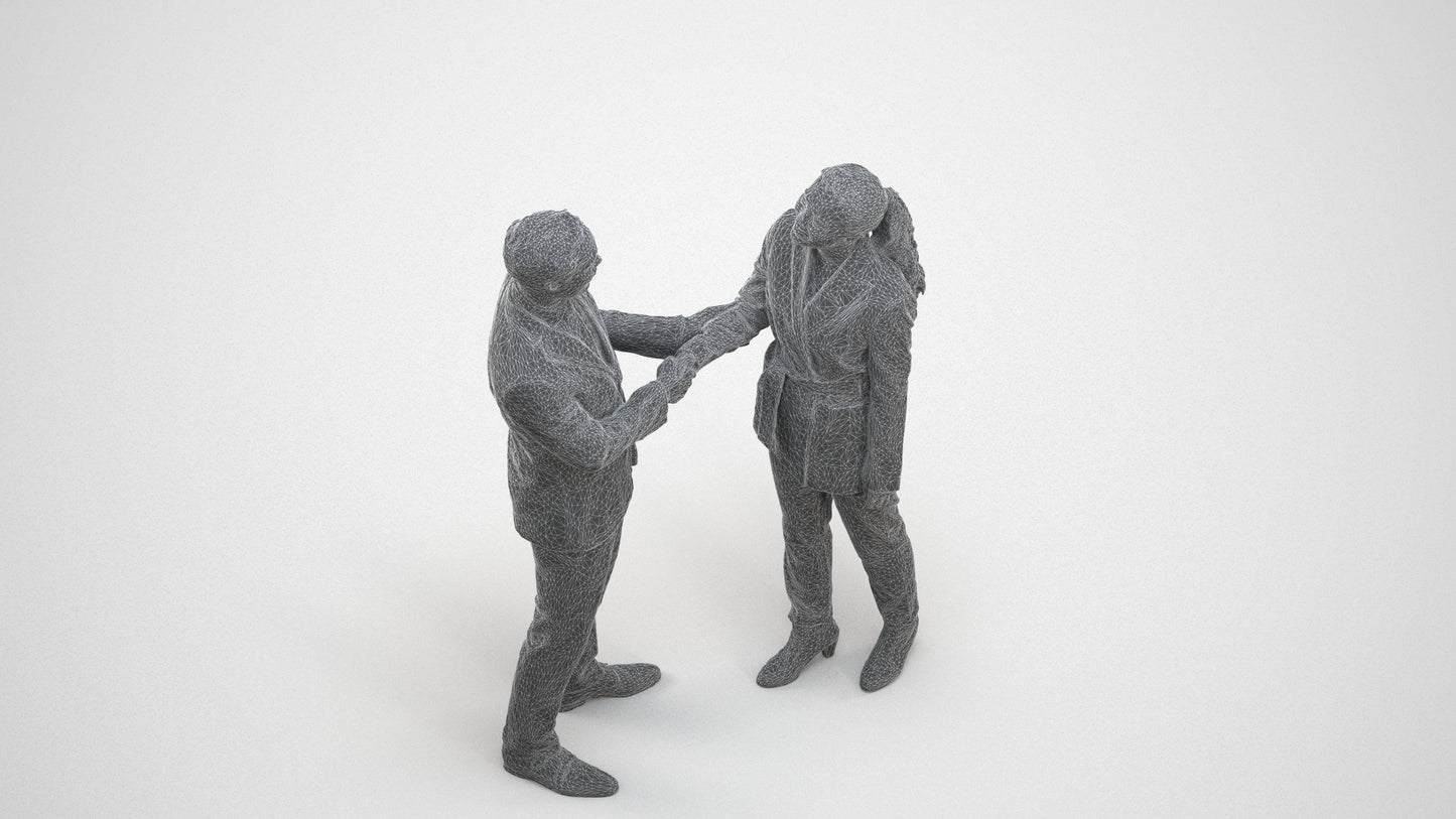 3D human model woman formal business, photogrammetry scanned person for archviz, wireframe three-quarter view
