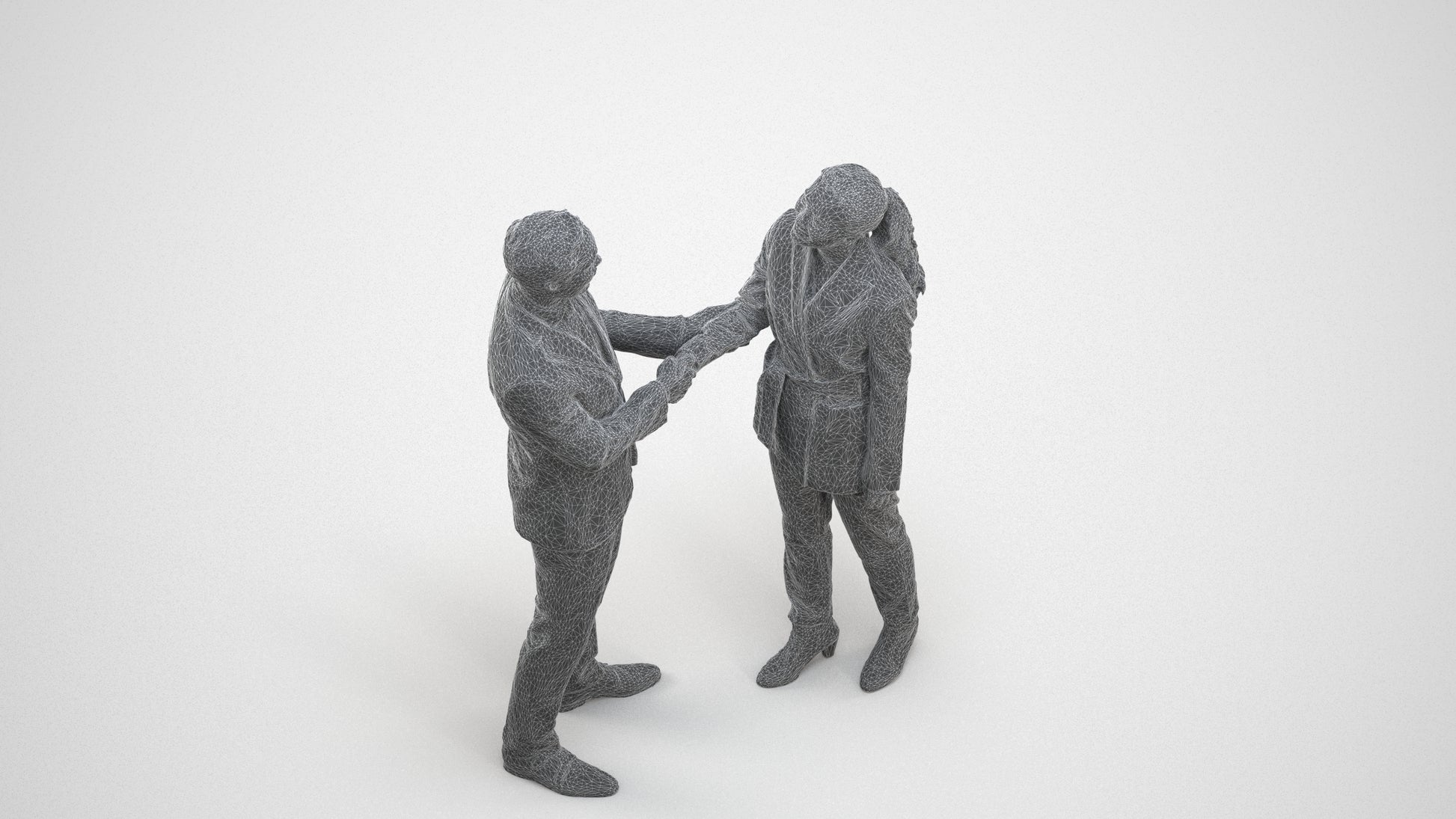 3D human model woman formal business, photogrammetry scanned person for archviz, wireframe three-quarter view