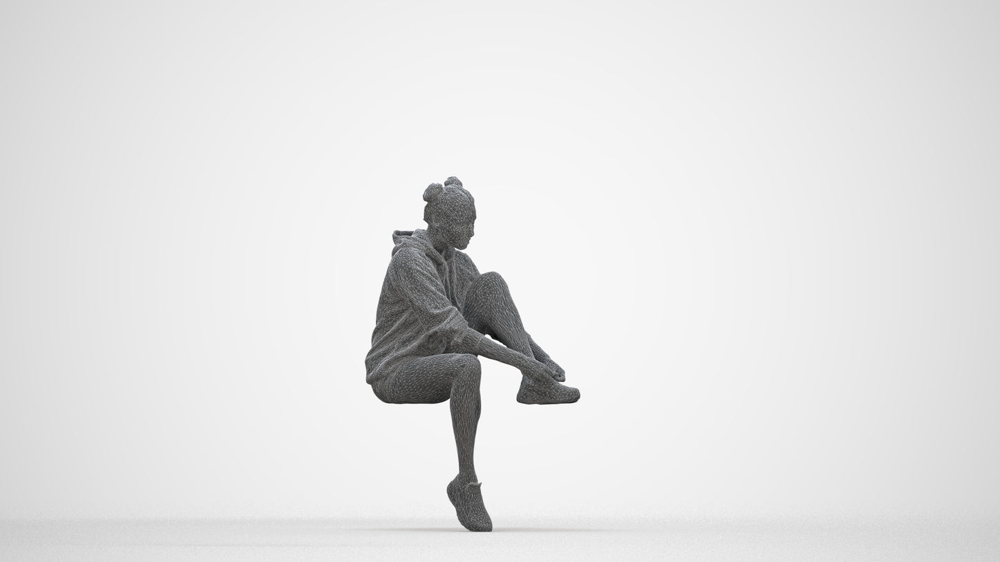 3D people model woman casual sitting, scanned human for 3ds Max rendering, wireframe back view
