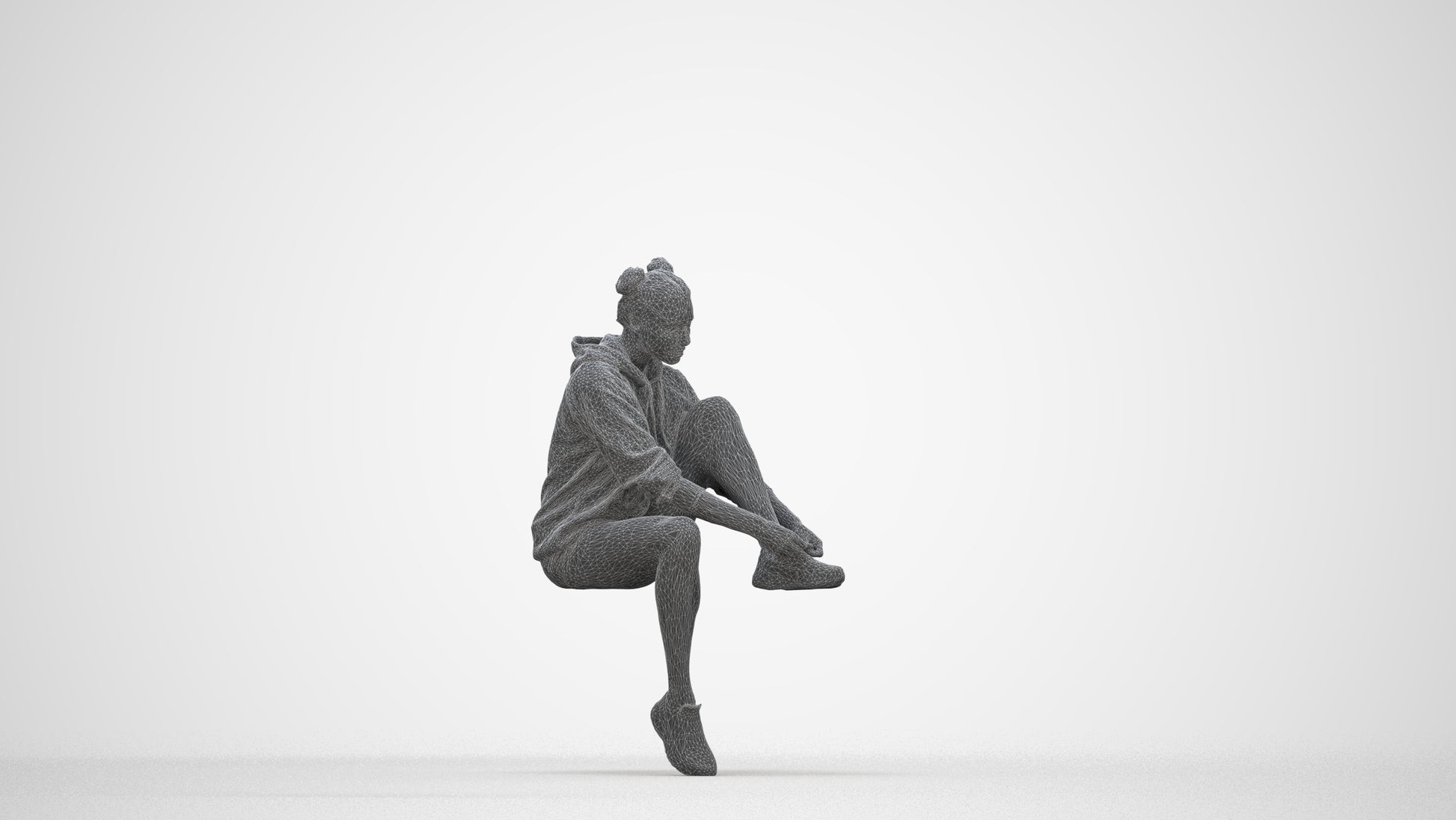 3D people model woman casual sitting, scanned human for 3ds Max rendering, wireframe back view