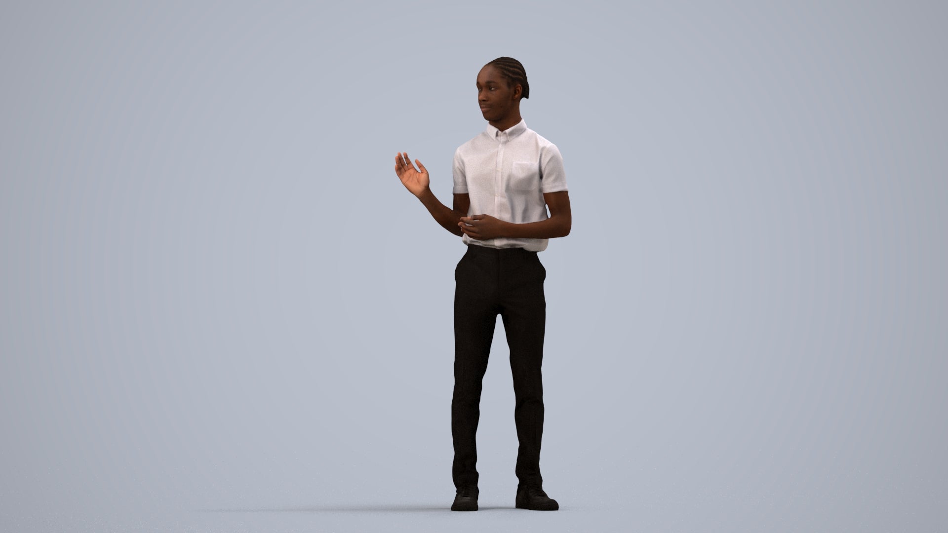 photogrammetry 3D boy hospitality, realistic human model archviz FBX, side view render