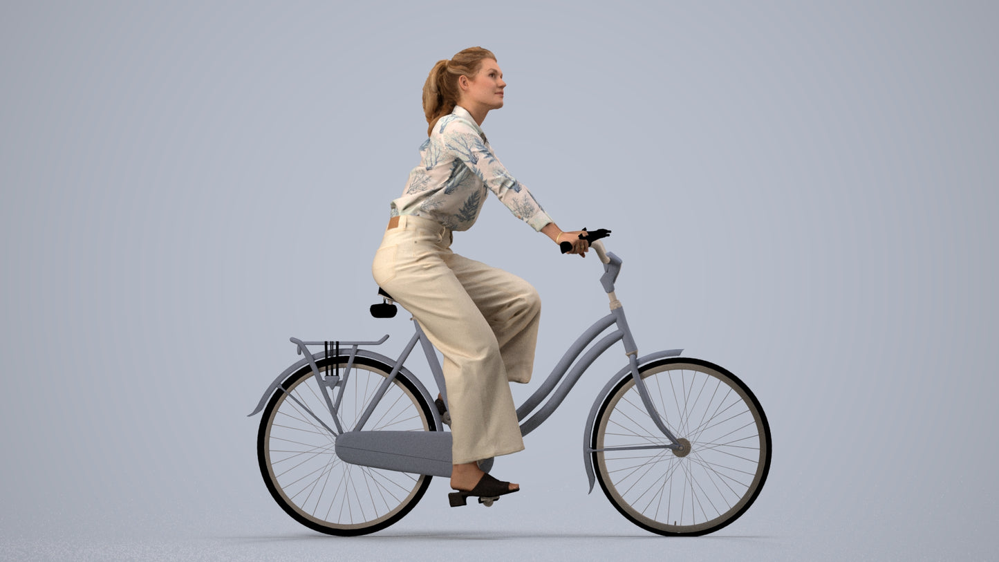 3D scanned woman cycling casual, photorealistic archviz people for Enscape and SketchUp, side view render