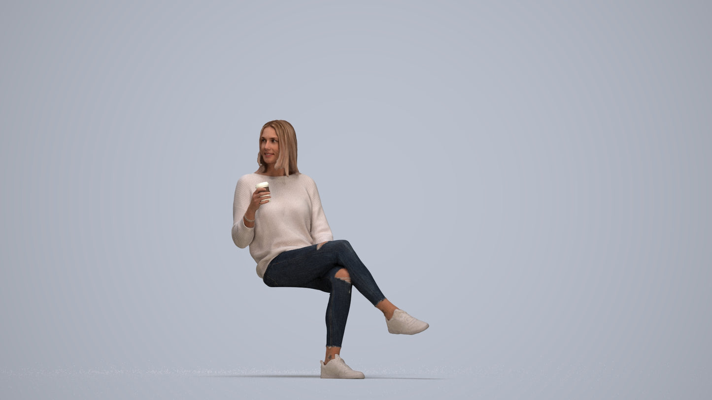 3D scanned woman sitting casual, photorealistic archviz people for Enscape and SketchUp, top-down view render