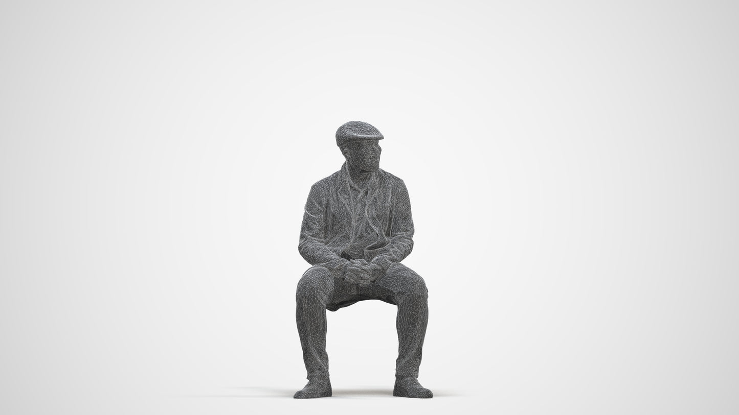 3D people model man casual sitting, scanned human for 3ds Max rendering, three-quarter front view render