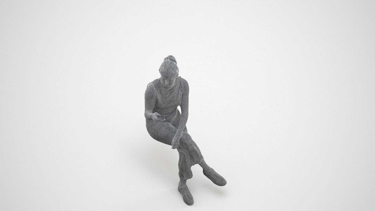 photogrammetry 3D woman casual sitting, realistic human model archviz FBX, wireframe three-quarter view