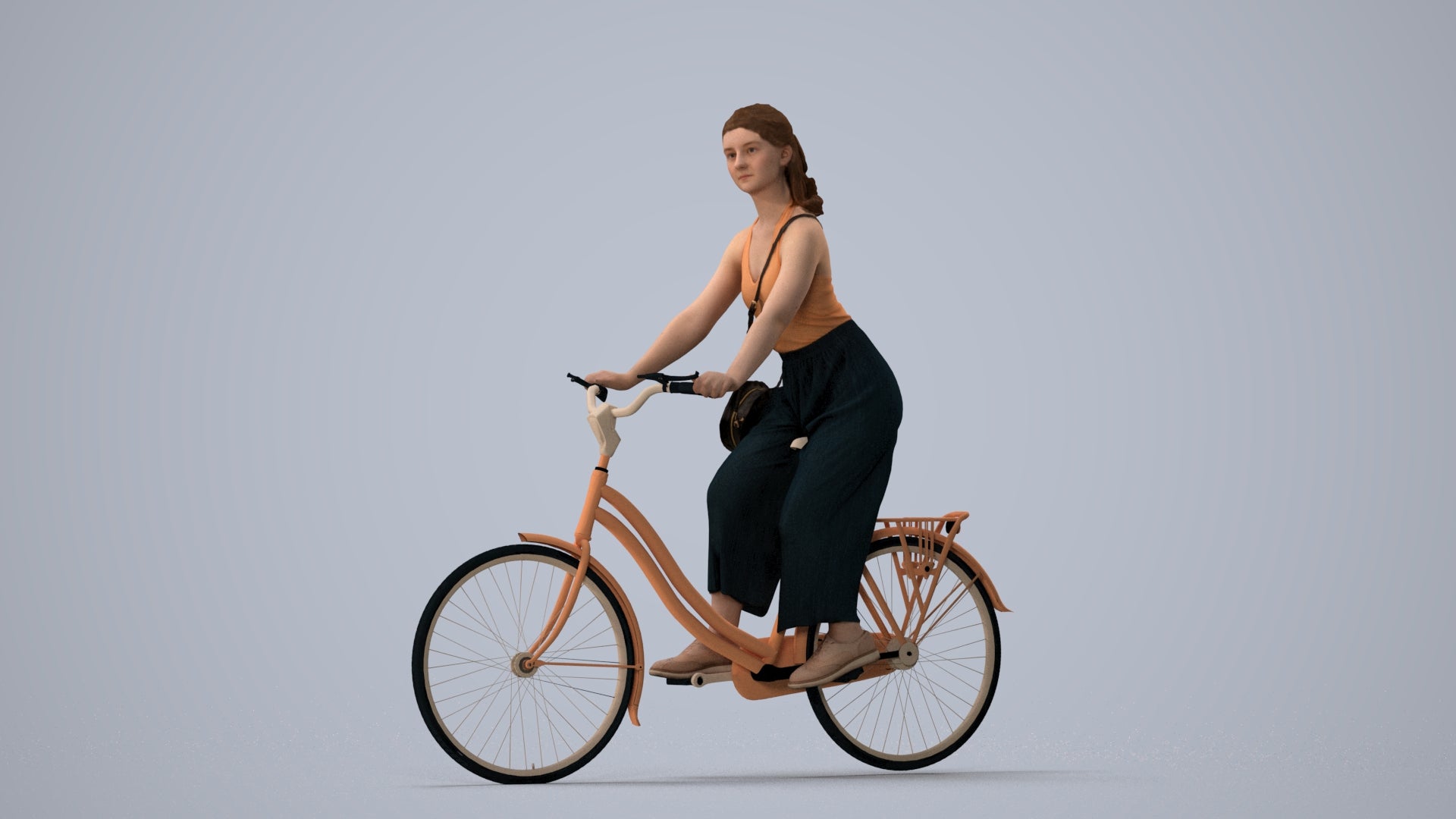 realistic 3D human girl casual cycling, archviz people FBX OBJ for Blender, three-quarter view render
