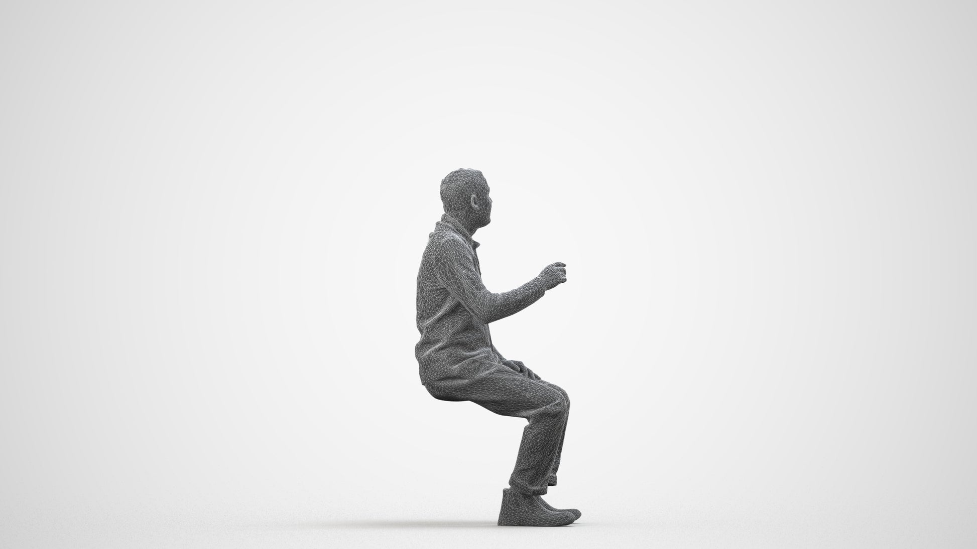 3D scanned man sitting business, photorealistic archviz people for Enscape and SketchUp, wireframe side view