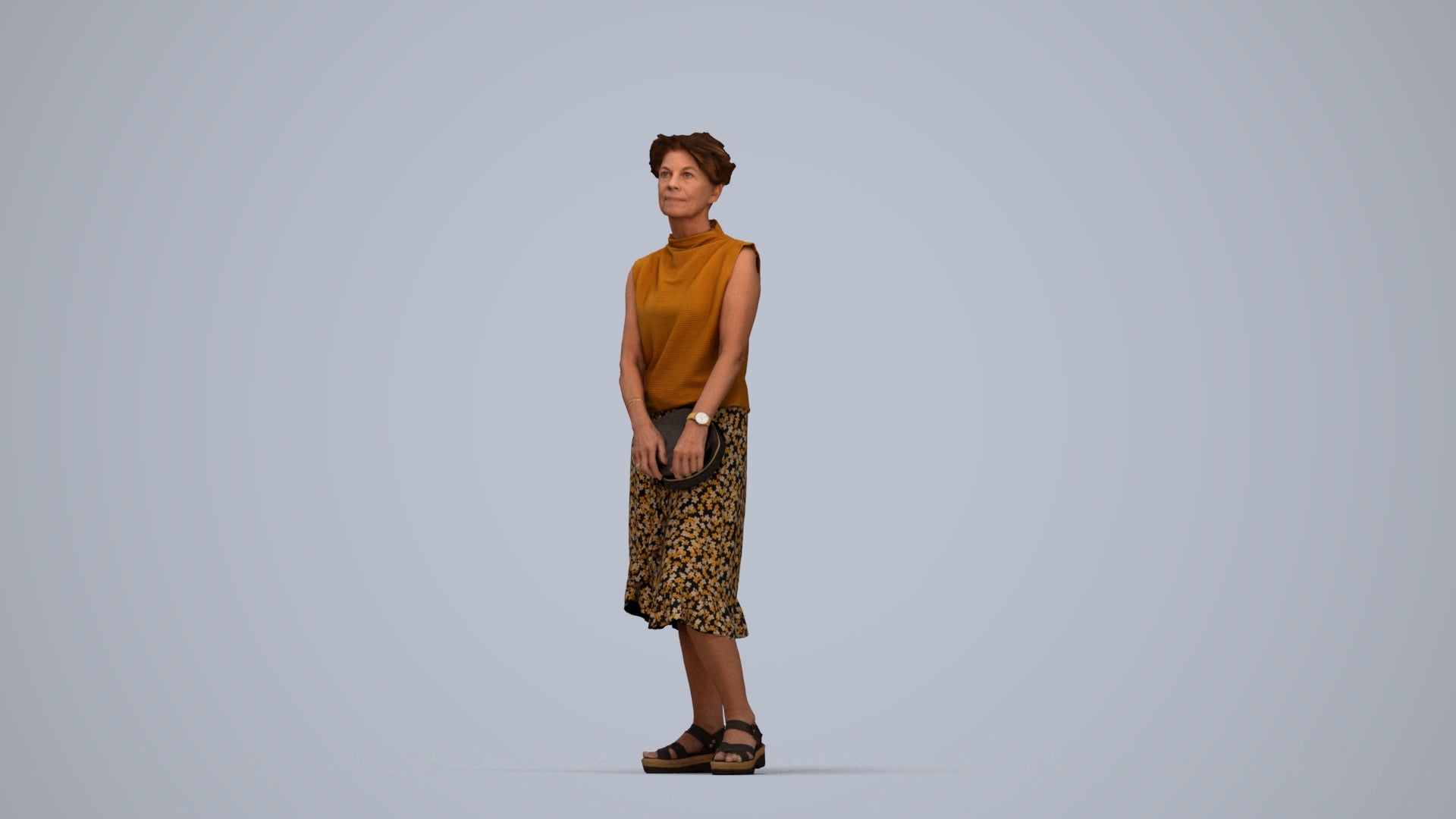 3D human model woman casual standing, photogrammetry scanned person for archviz, top-down view render