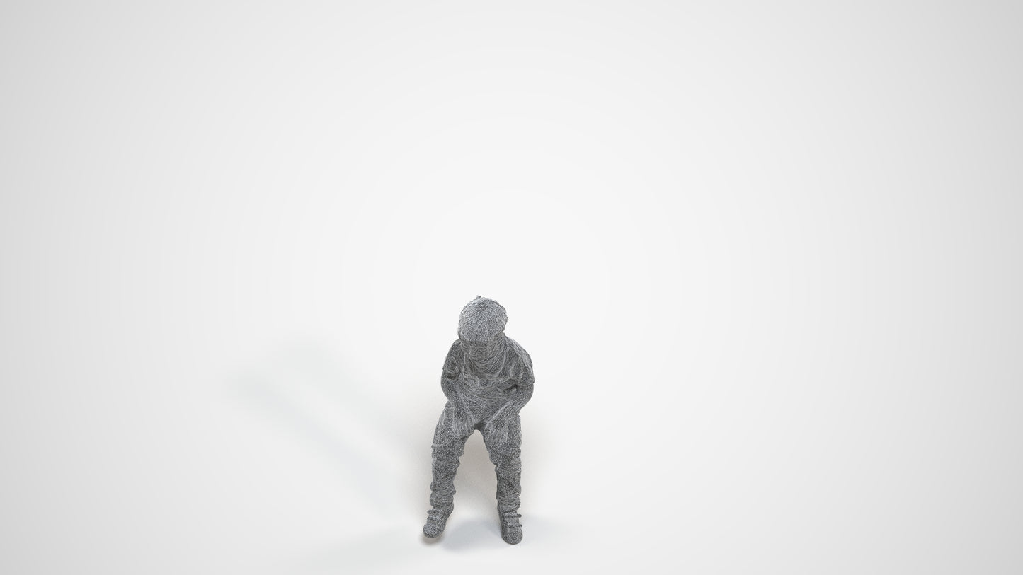 3D human model boy casual kids, photogrammetry scanned person for archviz, wireframe three-quarter view