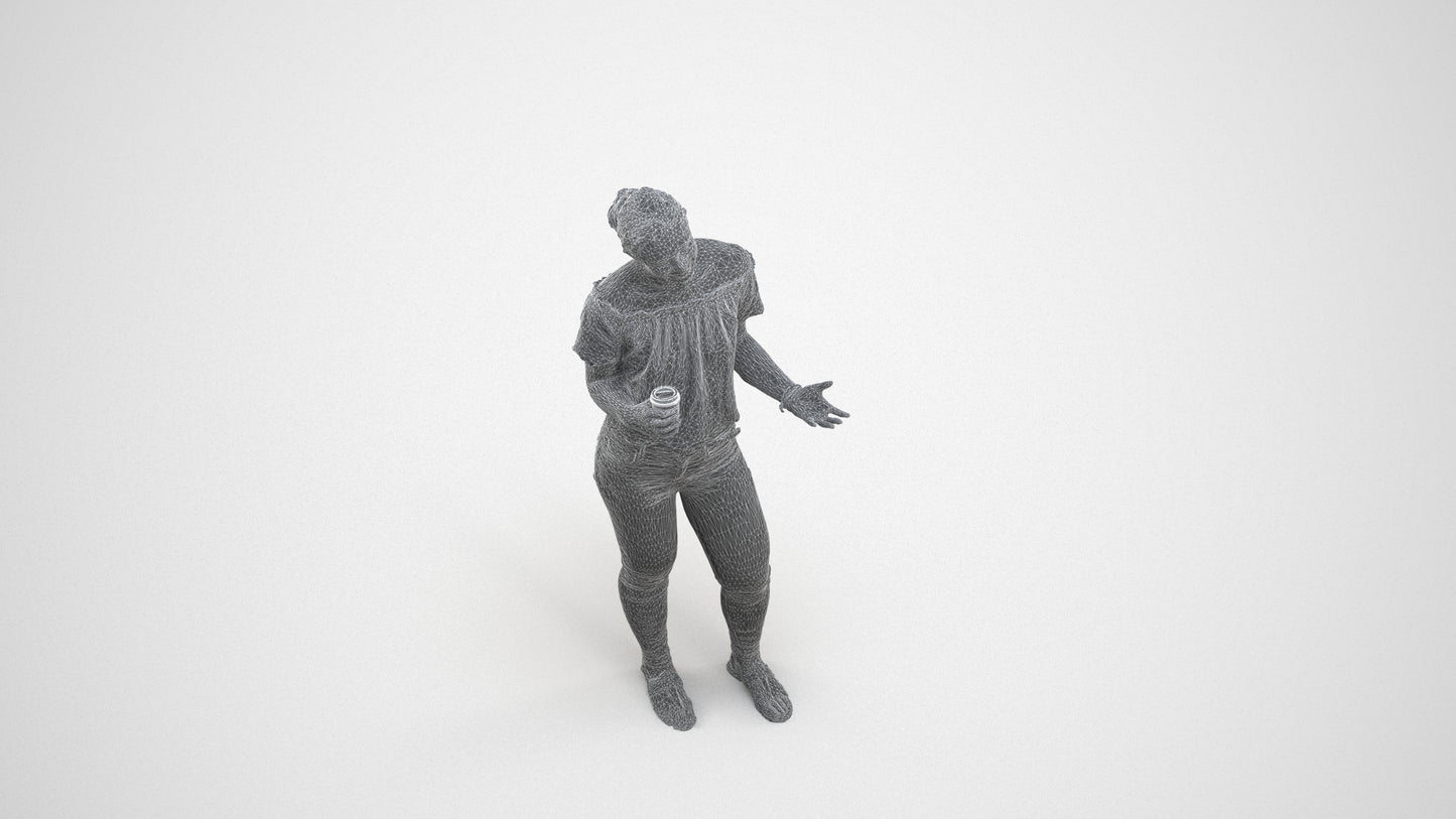 3D scanned woman standing casual, photorealistic archviz people for Enscape and SketchUp, wireframe three-quarter view