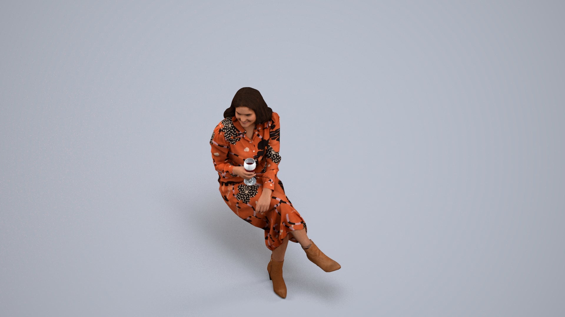 photogrammetry 3D woman casual sitting, realistic human model archviz FBX, back view render