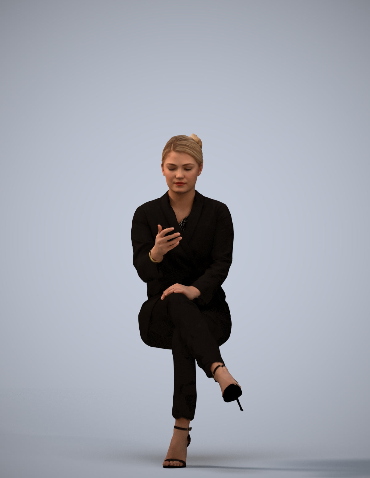 3D human model woman business sitting, photogrammetry scanned person for archviz