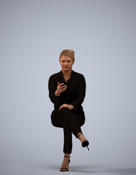 3D human model woman business sitting, photogrammetry scanned person for archviz