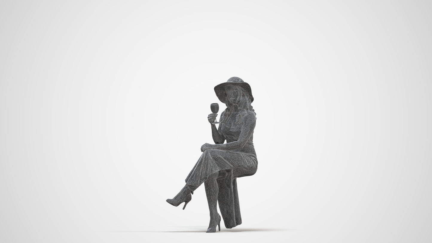 3D scanned woman sitting casual, photorealistic archviz people for Enscape and SketchUp, three-quarter front view render