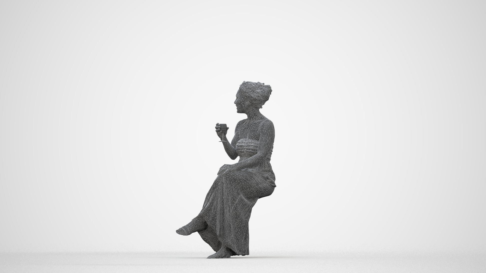 photogrammetry 3D woman casual sitting, realistic human model archviz FBX, wireframe back view
