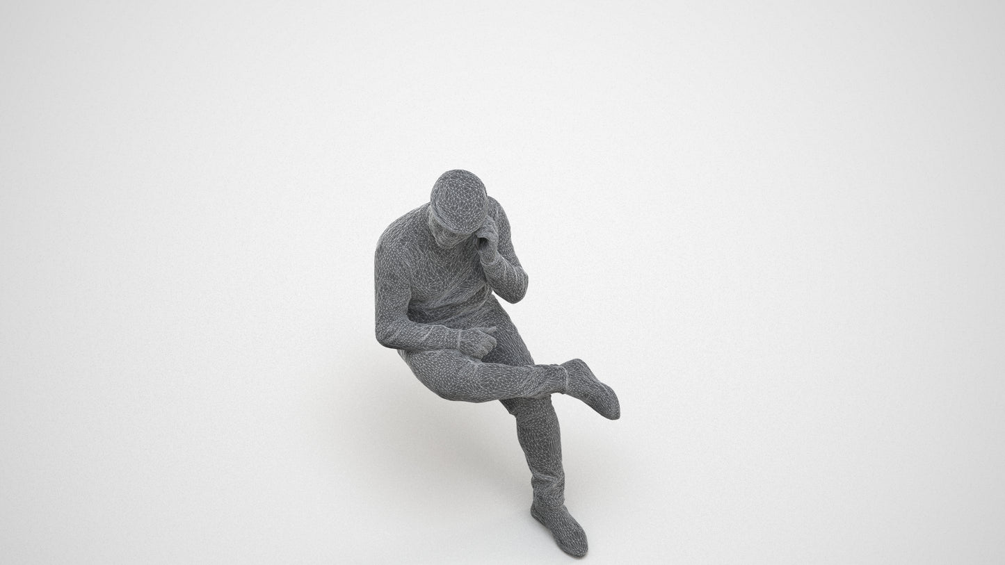 realistic 3D man casual sitting, scanned archviz people for Blender and 3ds Max, wireframe three-quarter view