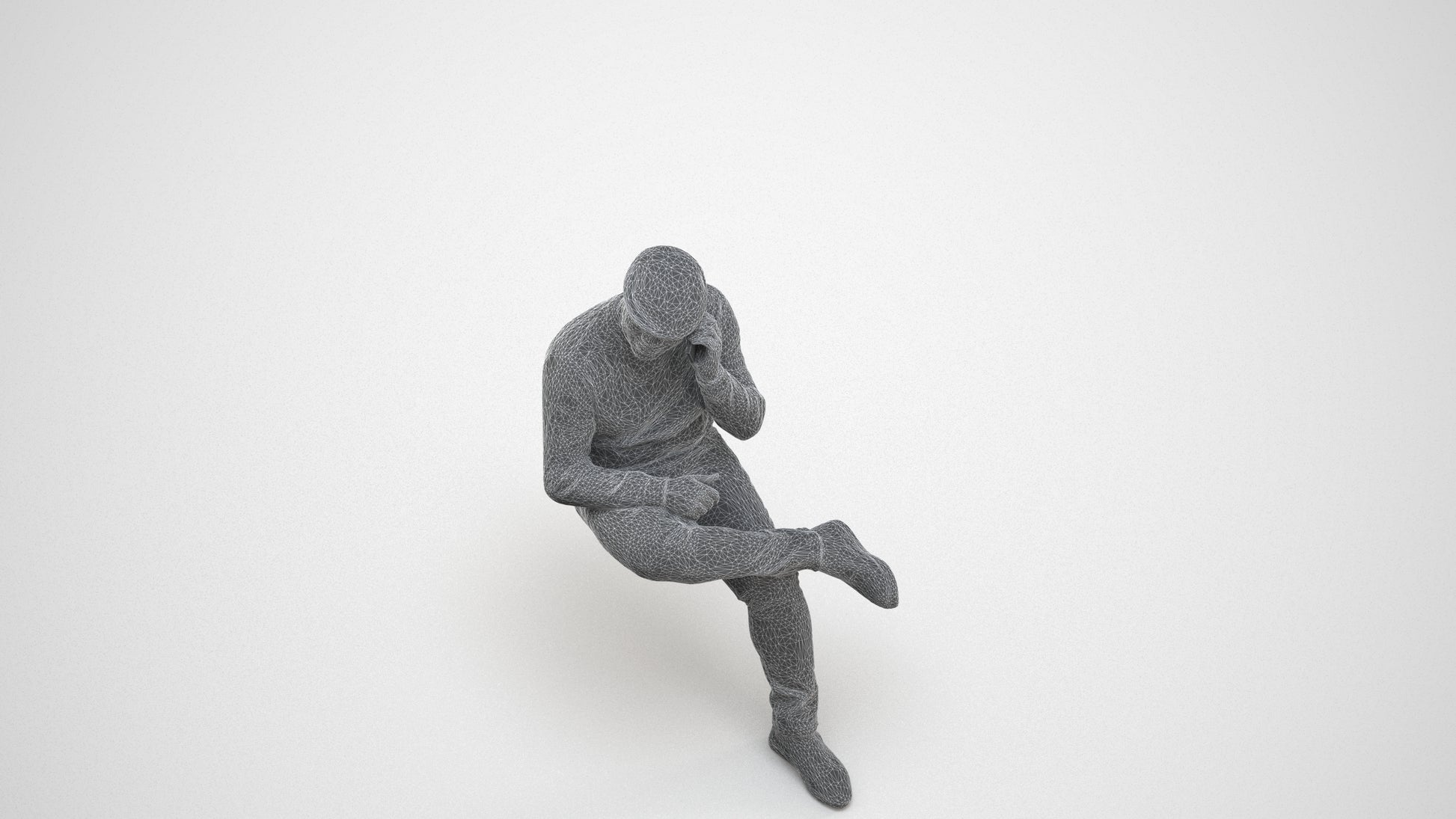 realistic 3D man casual sitting, scanned archviz people for Blender and 3ds Max, wireframe three-quarter view