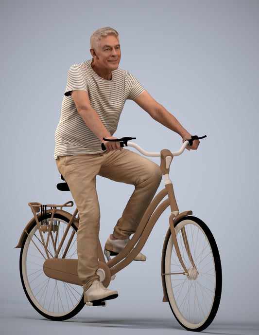 realistic 3D senior man casual cycling, scanned archviz people for Blender and 3ds Max