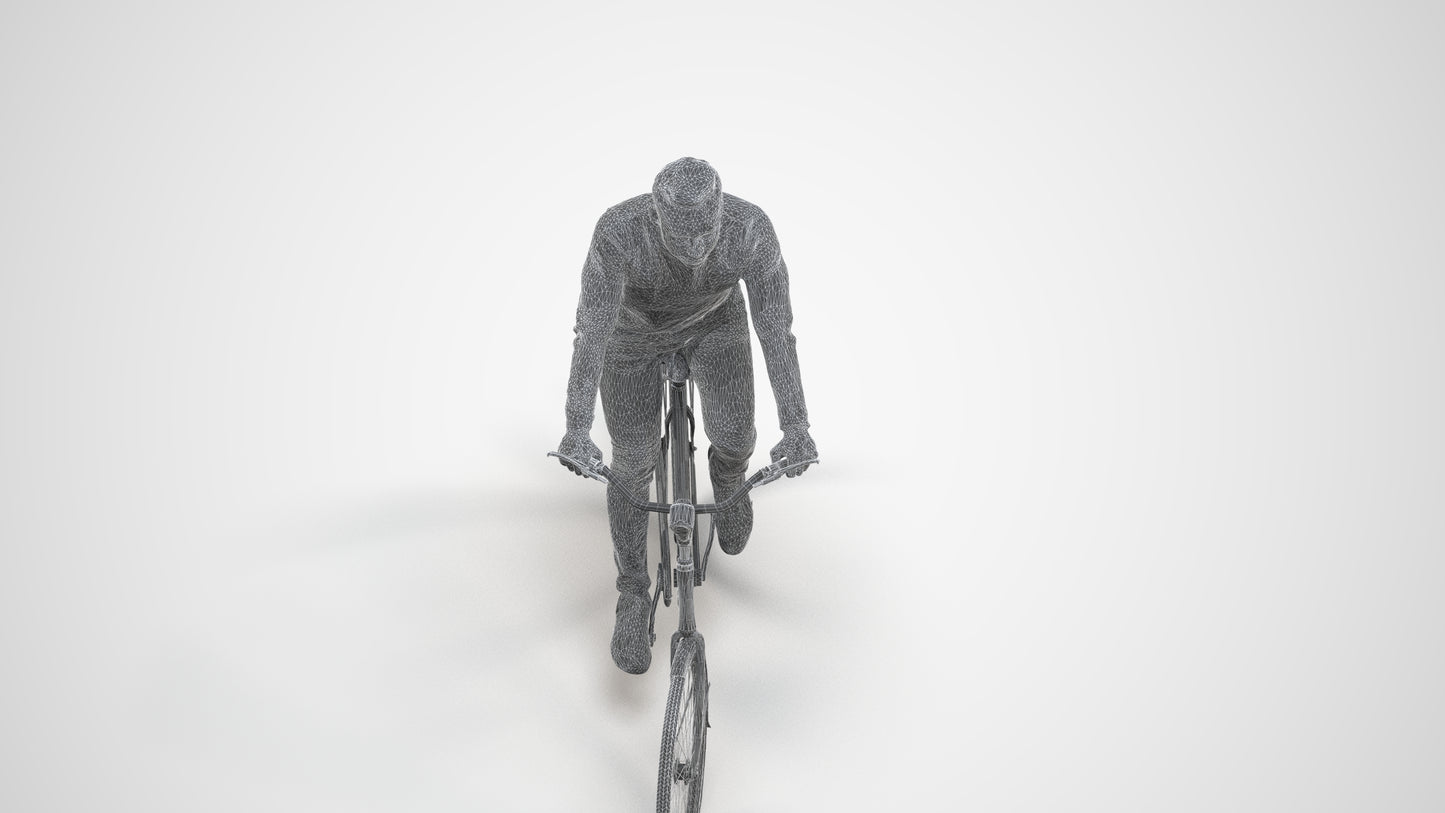 realistic 3D man casual cycling, scanned archviz people for Blender and 3ds Max, wireframe three-quarter view