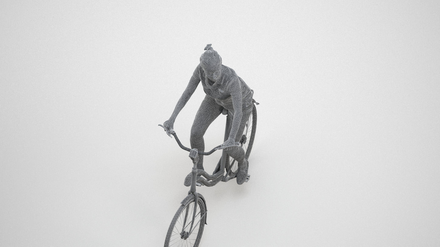 3D people model woman casual cycling, scanned human for 3ds Max rendering, wireframe three-quarter view