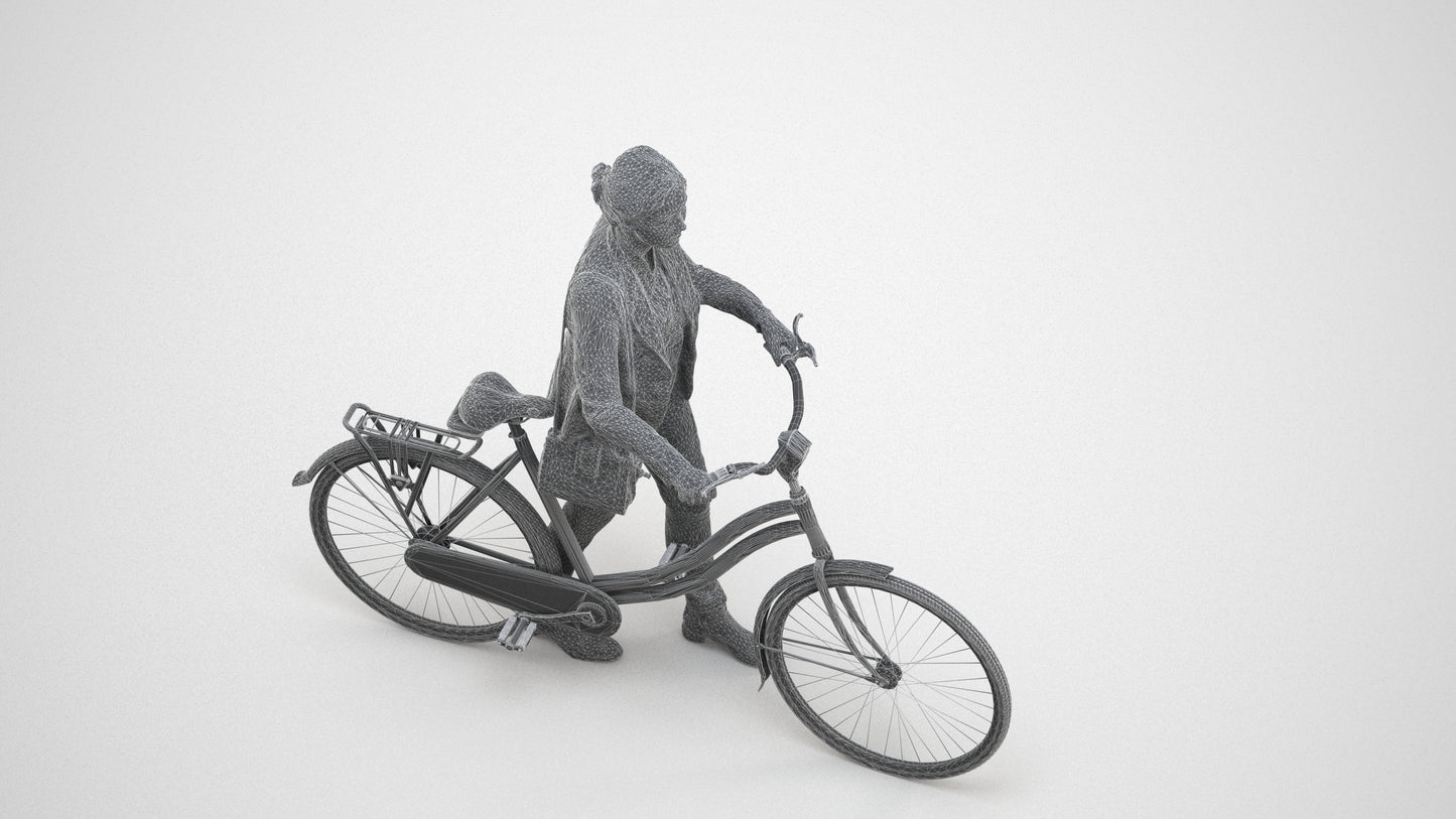 scanned 3D woman business cycling, photogrammetry people for Enscape and V-Ray, wireframe three-quarter view