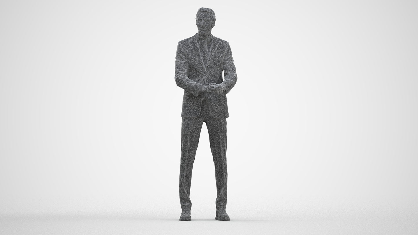 3D human model man business, photogrammetry scanned person for archviz, three-quarter front view render