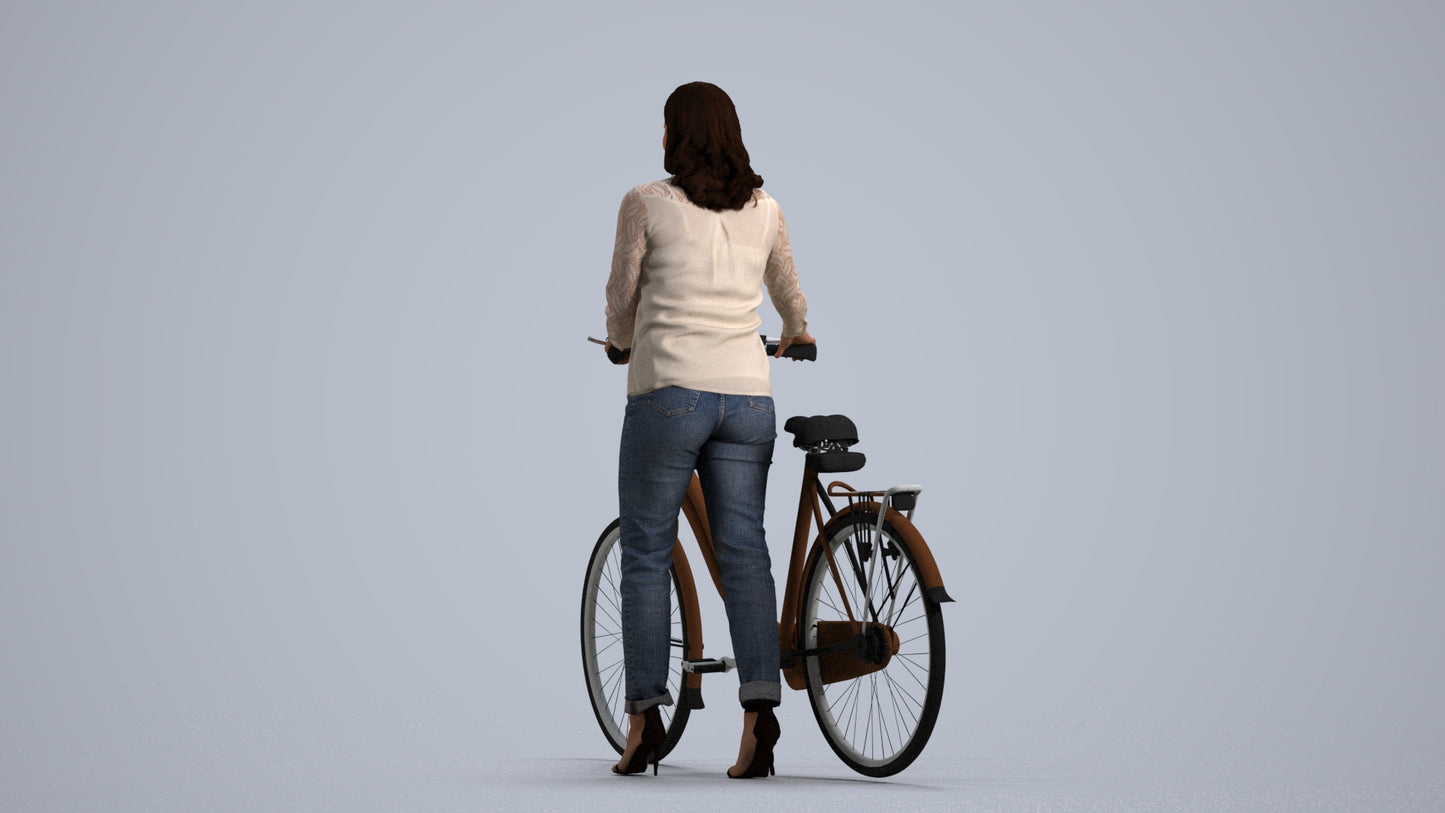 realistic 3D human woman casual cycling, archviz people FBX OBJ for Blender, front view render