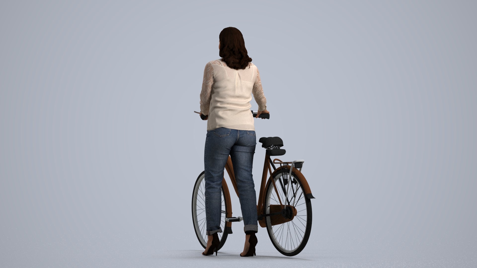 realistic 3D human woman casual cycling, archviz people FBX OBJ for Blender, front view render