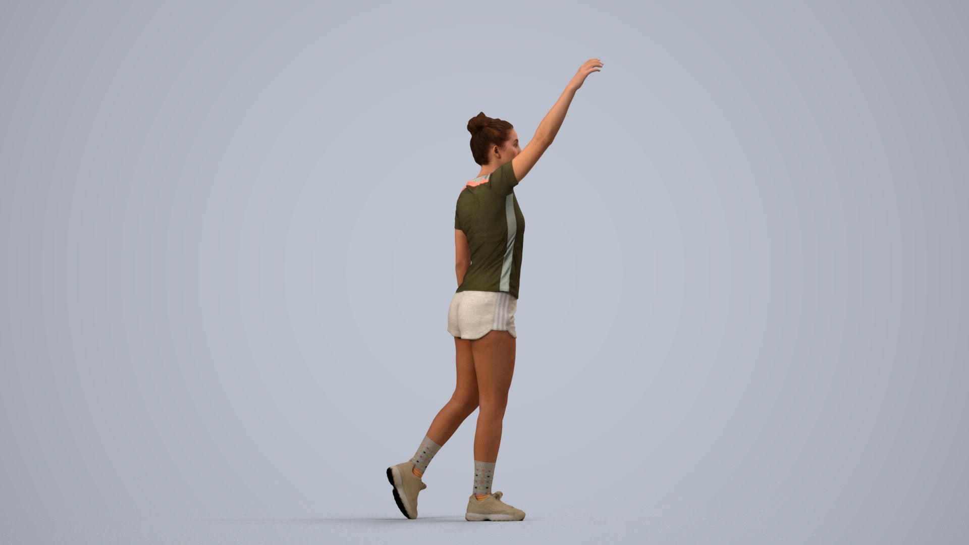 3D human model woman sport, photogrammetry scanned person for archviz, side view render