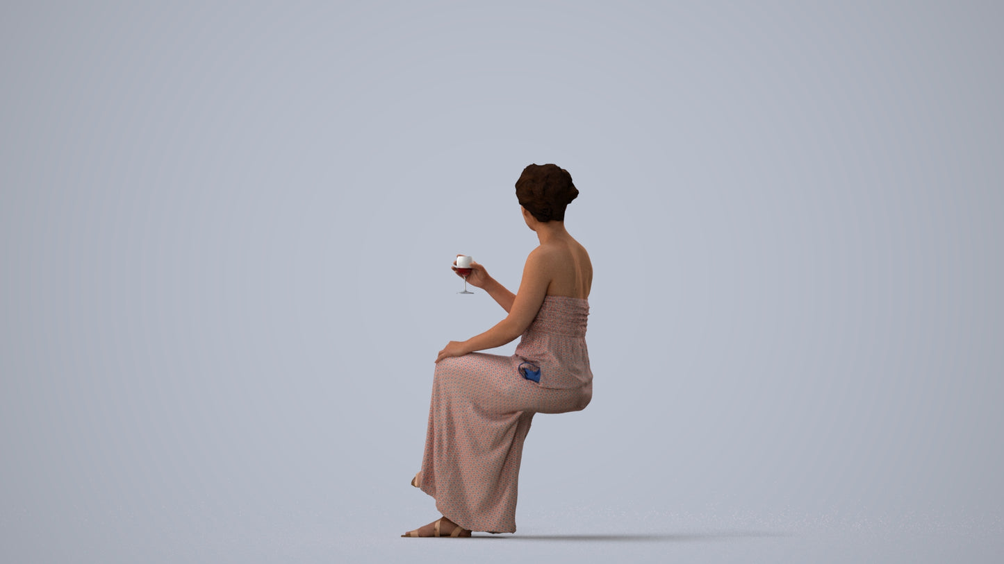photogrammetry 3D woman casual sitting, realistic human model archviz FBX, three-quarter view render