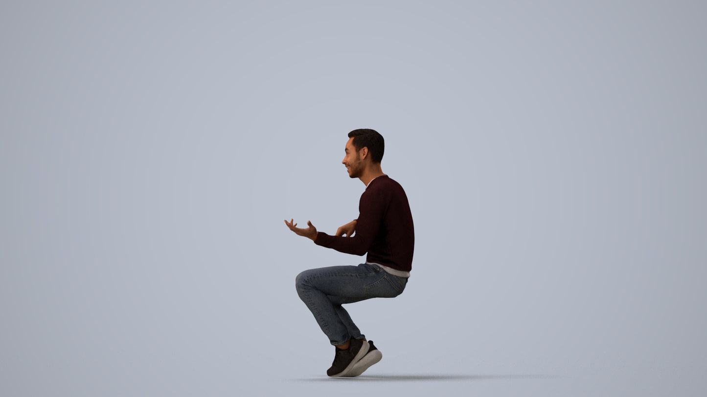 3D people model man casual sitting, scanned human for 3ds Max rendering, three-quarter view render