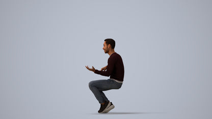 3D people model man casual sitting, scanned human for 3ds Max rendering, three-quarter view render