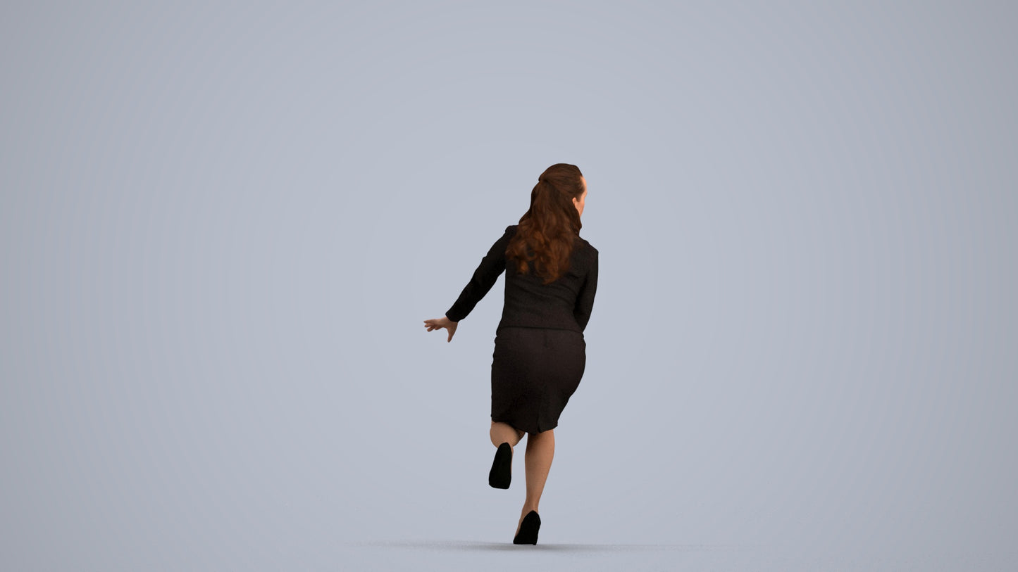 3D human model woman business sitting, photogrammetry scanned person for archviz, front view render