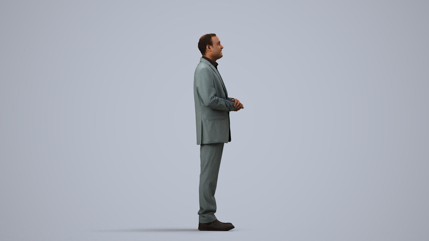 3D human model man business, photogrammetry scanned person for archviz, side view render