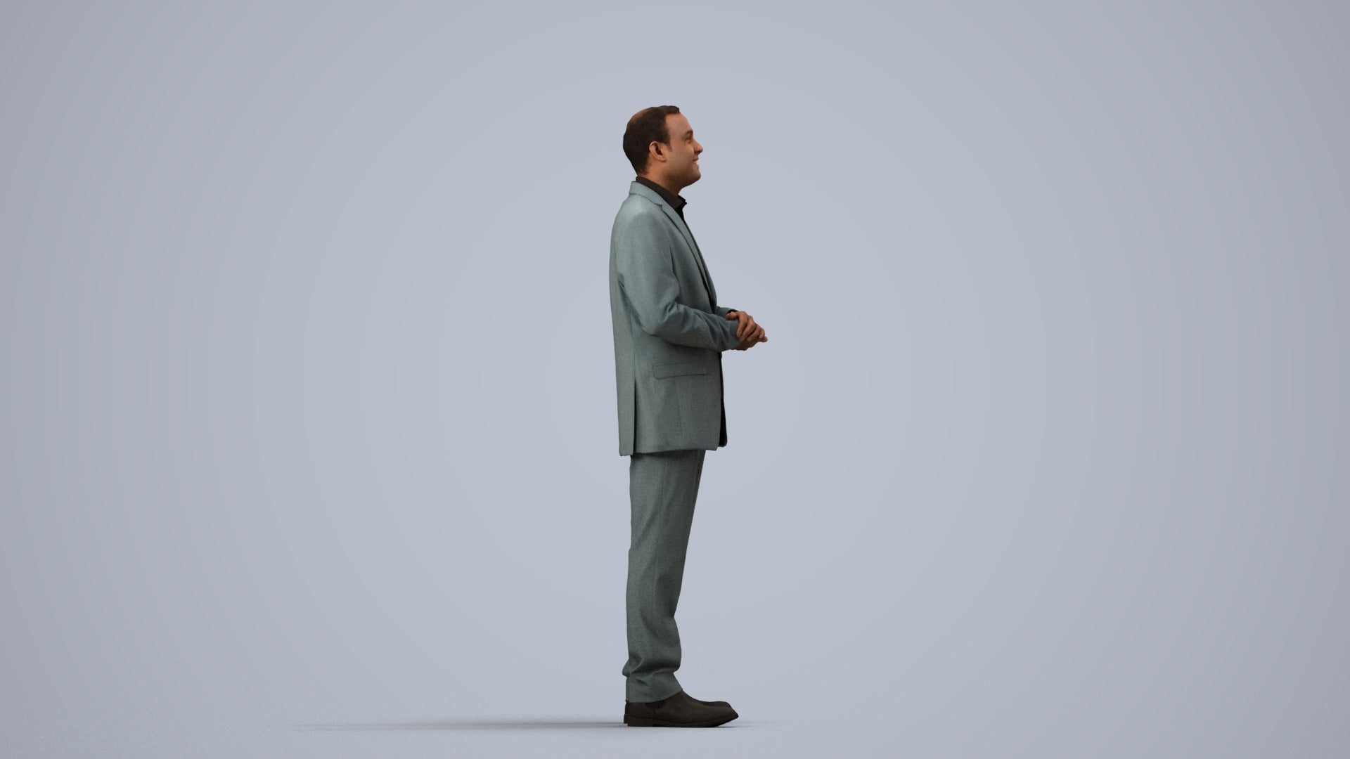 3D human model man business, photogrammetry scanned person for archviz, side view render