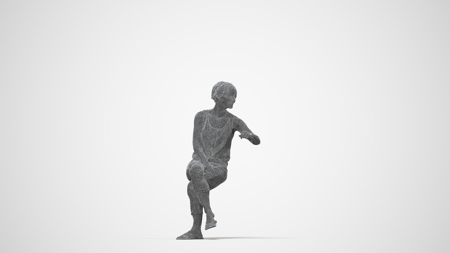 3D scanned senior woman sitting, photorealistic archviz people for Enscape and SketchUp, wireframe three-quarter view