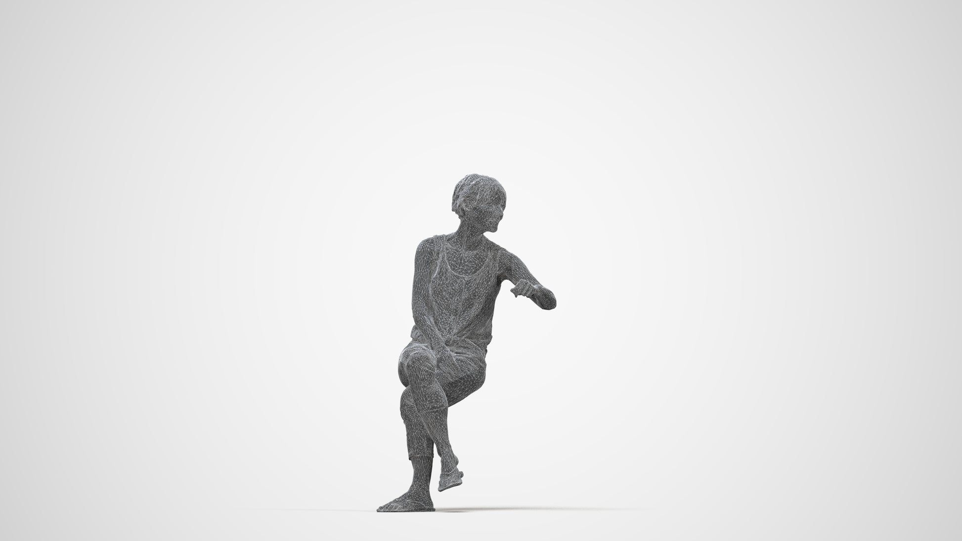 3D scanned senior woman sitting, photorealistic archviz people for Enscape and SketchUp, wireframe three-quarter view