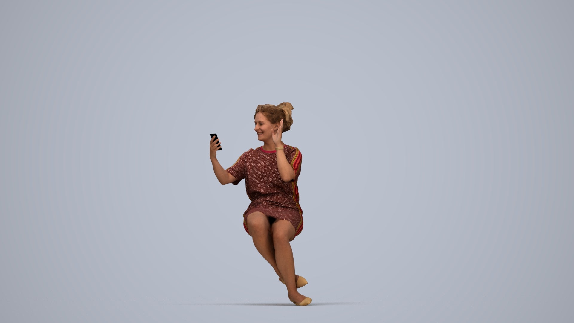 3D scanned woman sitting casual, photorealistic archviz people for Enscape and SketchUp, top-down view render