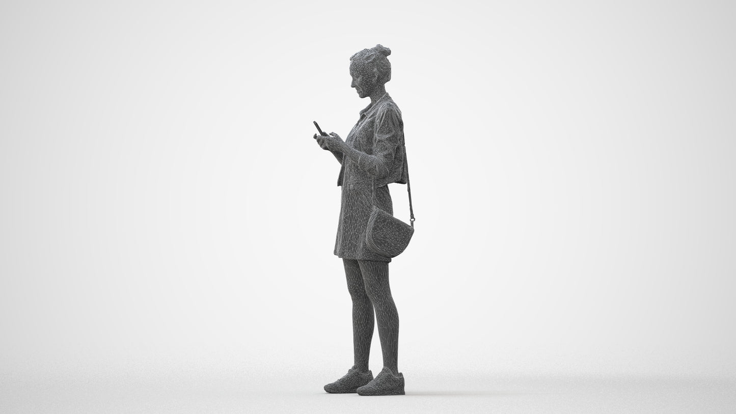 3D human model woman casual standing, photogrammetry scanned person for archviz, square thumbnail