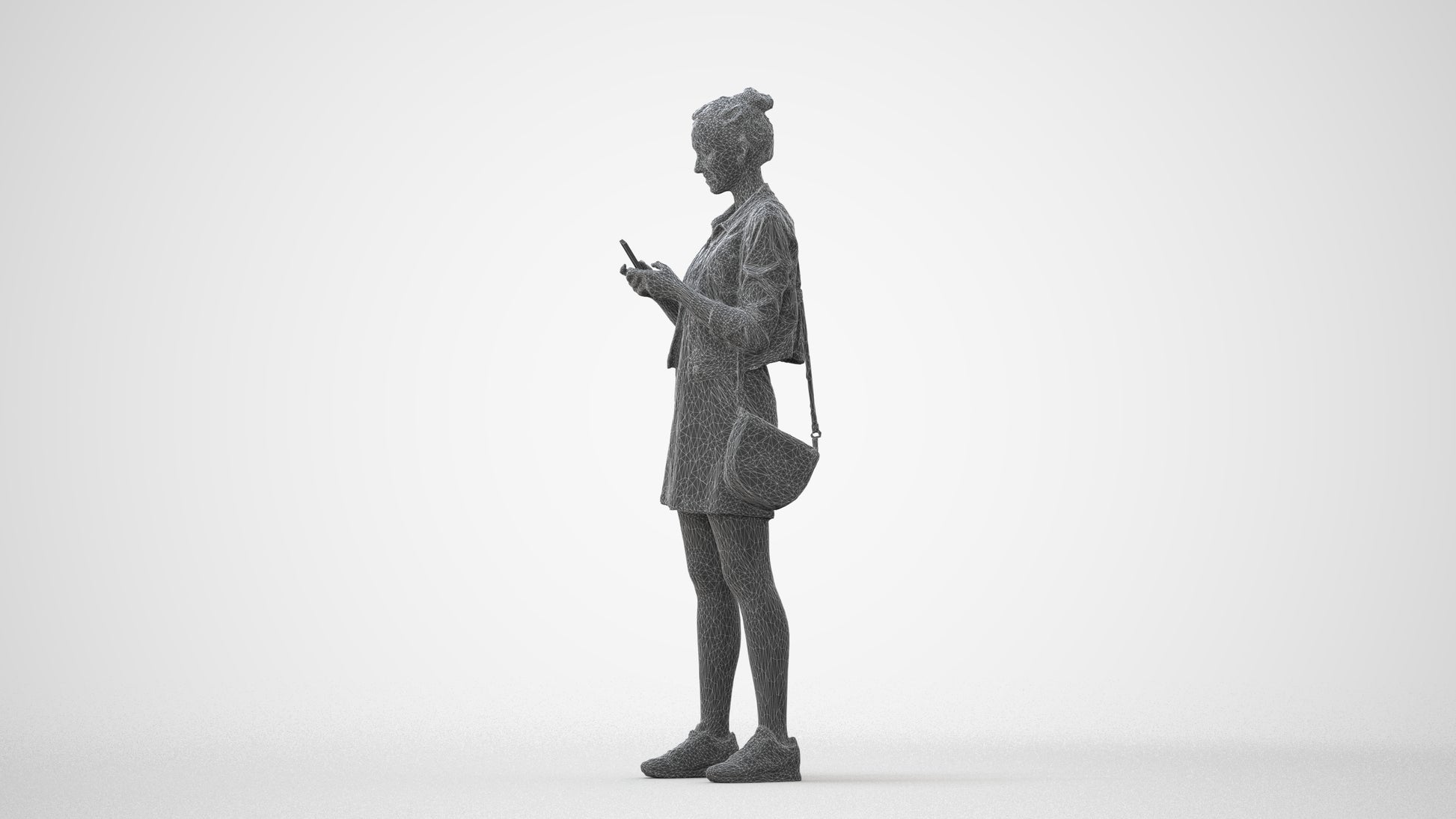 3D human model woman casual standing, photogrammetry scanned person for archviz, square thumbnail