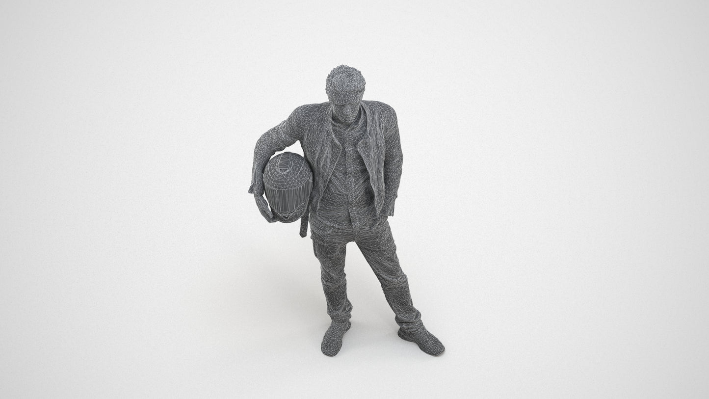 3D human model man casual standing, photogrammetry scanned person for archviz, wireframe three-quarter view